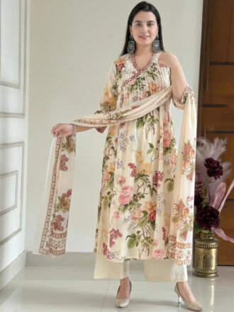 Women Floral Printed Pleated Thread Work Kurta with Palazzos & With Dupatta