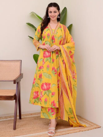 Floral Printed Pleated Pure Cotton Kurta with Palazzos & With Dupatta
